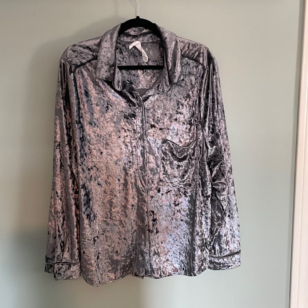 Blue velvet button up blouse- Size 1X